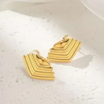 14K Gold Plated Big Stud Earrings for Women/Chunky Statement Striped Earrings/Casual Vintage Drop Stud Earrings