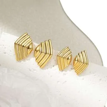 14K Gold Plated Big Stud Earrings for Women/Chunky Statement Striped Earrings/Casual Vintage Drop Stud Earrings