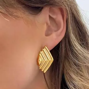 14K Gold Plated Big Stud Earrings for Women/Chunky Statement Striped Earrings/Casual Vintage Drop Stud Earrings