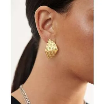14K Gold Plated Big Stud Earrings for Women/Chunky Statement Striped Earrings/Casual Vintage Drop Stud Earrings
