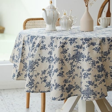 Pastoral Round Tablecloth - 60 Inch Dia. - Linen Fabric Table Cloth - Washable Table Cover with Dust...