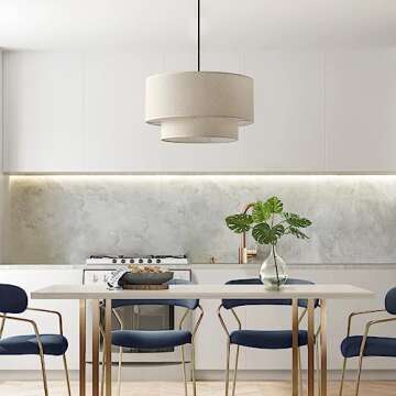 Farmhouse Pendant Light Fixtures, 2-Tier Drum Pendant Lighting with Linen Lampshade, 20 inch 3-Light Rustic Hanging Chandeliers for Living Room Kitchen Dining Room E26