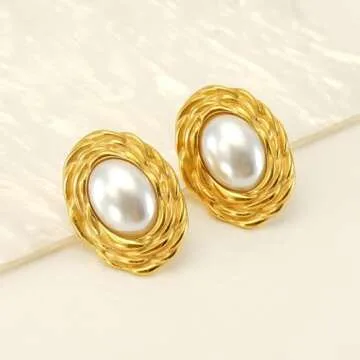 Stunning Oval Pearl Stud Earrings for Women in Stainless Steel