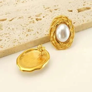 Stunning Oval Pearl Stud Earrings for Women in Stainless Steel