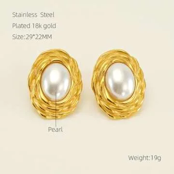 Stunning Oval Pearl Stud Earrings for Women in Stainless Steel