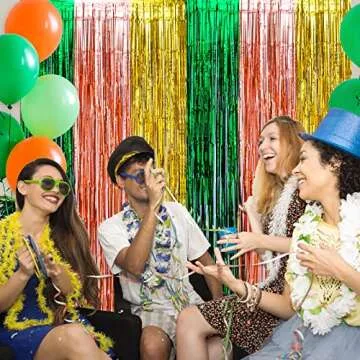 LOLStar Hawaiian Luau Party Decorations, 2Pack Green Brown and Yellow Foil Fringe Curtains