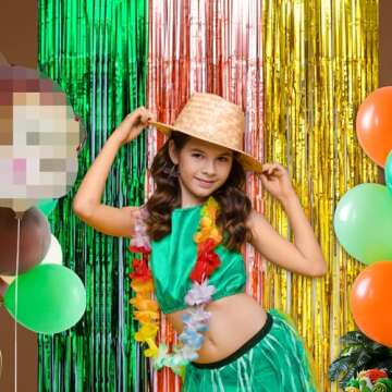 LOLStar Hawaiian Luau Party Decorations, 2Pack Green Brown and Yellow Foil Fringe Curtains