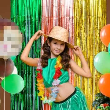 LOLStar Hawaiian Luau Party Decorations, 2Pack Green Brown and Yellow Foil Fringe Curtains