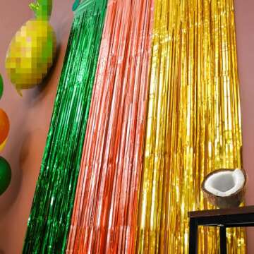 LOLStar Hawaiian Luau Party Decorations, 2Pack Green Brown and Yellow Foil Fringe Curtains