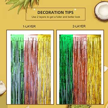 LOLStar Hawaiian Luau Party Decorations, 2Pack Green Brown and Yellow Foil Fringe Curtains