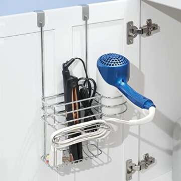 mDesign Metal Bathroom 2 Section Storage Tool Organizer Basket Tray - Hang Over Cabinet Door - Storage for Hair Dryer, Straightener, Curling Iron, Styling Products - Concerto Collection - Chrome