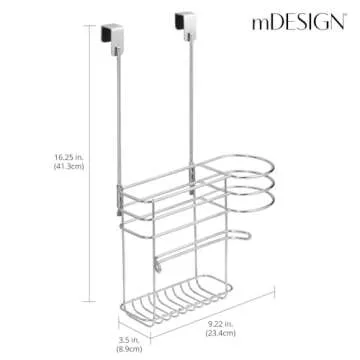 mDesign Metal Bathroom 2 Section Storage Tool Organizer Basket Tray - Hang Over Cabinet Door - Storage for Hair Dryer, Straightener, Curling Iron, Styling Products - Concerto Collection - Chrome