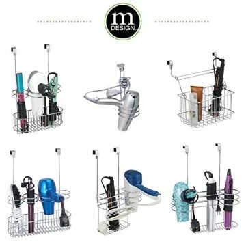mDesign Metal Bathroom 2 Section Storage Tool Organizer Basket Tray - Hang Over Cabinet Door - Storage for Hair Dryer, Straightener, Curling Iron, Styling Products - Concerto Collection - Chrome