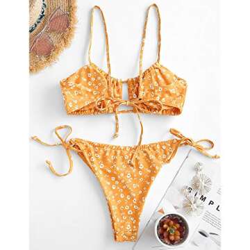 ZAFUL Women's Elastic Strap Ruched Tie Front High Cut Bandeau Bikini Set Swimsuit (Y-Orange, M)