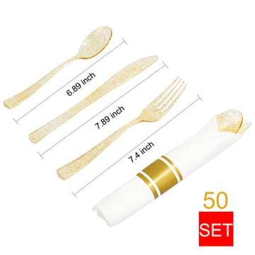 DaYammi 350 Pieces Gold Glitter Dinnerware Set 50 Guest for party- 50 Dinner Plates, 50 Dessert Plates -50 Per Rolled Napkins with Gold Cutlery - 50 Disposable Cups 9 OZ
