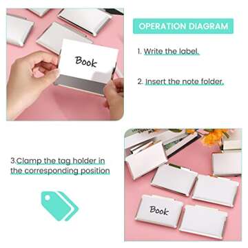 Basket Bin Labels Clips Label Holders Stainless Label Holders Removable Metal Bin Clips with Replacement Papers for Labeling, Classification, Induction (12 Pack)