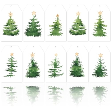 Festive Watercolor Xmas Tree Gift Tags with Hemp Rope - 120pcs Set