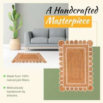 PATEL EXPORTS 4x6, 5x8, 6x9 3x5 Jute Area Rug Scalloped Rug, Bohemian Scallop Rug, Boho Decor Rug, A...