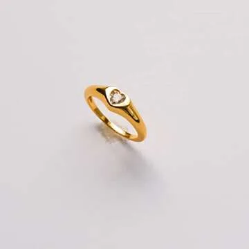 espere Cubic Zirconia Heart Signet Ring 18K Gold Plated | Minimal Dainty Pinky Ring | Simple Small Stackable Heart Ring Promise Ring Birthday Gift for Her