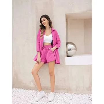 Zeagoo Womens Coordinated Outfit Casual 2 Piece Tracksuit Loose Button Blouse Shirt Top High Wasit Elastic Shorts Set Loungewear Summer, Rose Red, X-Large