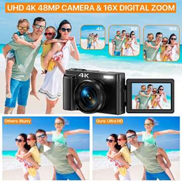 4K Digital Camera for Photography with 3'' 180°Flip Screen, Autofocus 48MP Vlogging Camera for YouTube Compact Camera with 16X Digital Zoom 32GB SD Card, 2 Batteries and Charging Stand for Travel