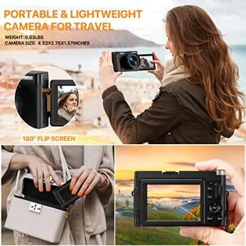 4K Digital Camera for Photography with 3'' 180°Flip Screen, Autofocus 48MP Vlogging Camera for YouTube Compact Camera with 16X Digital Zoom 32GB SD Card, 2 Batteries and Charging Stand for Travel