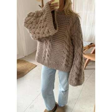 NRTHYE Women's Oversized Cable Knit Sweater Tops Loose Long Sleeves Crewneck Chunky Slouchy Baggy Pullover Sweaters