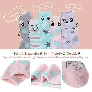 EBMORE Womens Fuzzy Socks Slipper Fluffy Cozy Comfy Cabin Plush Warm Winter Sleep Home Soft Christmas Valentines for Mom Her Stocking Stuffers for Women Adult Socks?Little Cat (5 Pairs)?