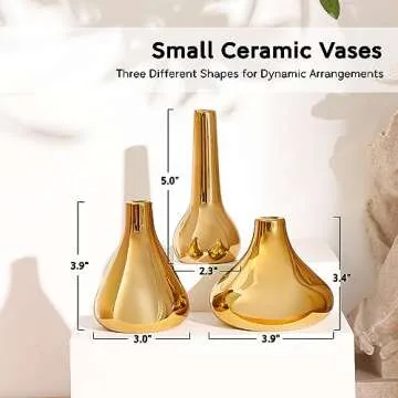 Port&Petal Small Bud Vases (Set of 3) 3.5-5' Tall with Reflective Finish | Gold Home Decor, Accent for Living Room, Table Decor, Wedding Table Centerpiece