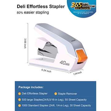Deli Effortless Desktop Stapler, 40 Sheet Capacity, One Finger Touch Stapling, Easy to Load Ergonomi...