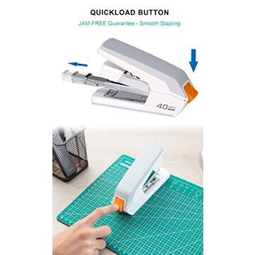 Deli Effortless Desktop Stapler, 40 Sheet Capacity, One Finger Touch Stapling, Easy to Load Ergonomic Heavy Duty Stapler, Includes 1500 Staples and Staple Remover
