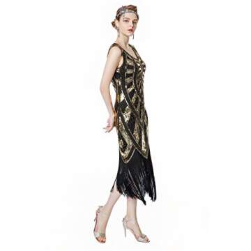 Metme 1920s Vintage Inspired Fringe Embellished Gatsby Flapper Midi Dress Prom Party,Black,Large