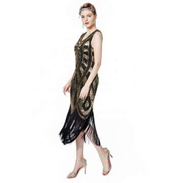 Metme 1920s Vintage Inspired Fringe Embellished Gatsby Flapper Midi Dress Prom Party,Black,Large