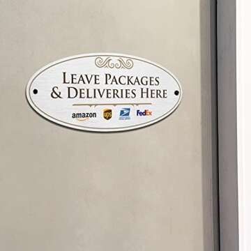 SmartSign Designer 'Leave Your Packages & Deliveries Here' Sign for Door, 3M Adhesive Backing, Pre-Drilled Holes, 3.5" x 8" Vintage Decor Delivery Sign, 32 mil Anodized Aluminum, USA-Made