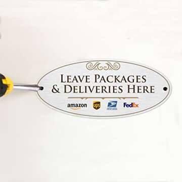 SmartSign Designer 'Leave Your Packages & Deliveries Here' Sign for Door, 3M Adhesive Backing, Pre-Drilled Holes, 3.5" x 8" Vintage Decor Delivery Sign, 32 mil Anodized Aluminum, USA-Made