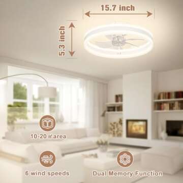 VOLISUN Fandelier Ceiling Fans with Lights and Remote, 15.7in Low Profile Ceiling Fan Flush Mount, 3000K-6500K Dimmable Bladeless LED Fan Light, White Modern Ceiling Fans with Lights for Bedroom