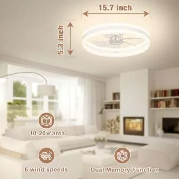 VOLISUN Fandelier Ceiling Fans with Lights and Remote, 15.7in Low Profile Ceiling Fan Flush Mount, 3000K-6500K Dimmable Bladeless LED Fan Light, White Modern Ceiling Fans with Lights for Bedroom