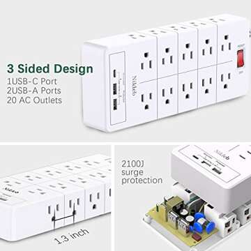 Power Strip Surge Protector 23 in 1, 6ft Extension Cord with 3 USB Ports Smart 3.1A, Multiple Outlet...