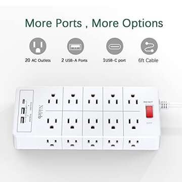 Power Strip Surge Protector 23 in 1, 6ft Extension Cord with 3 USB Ports Smart 3.1A, Multiple Outlet Adapter 20 Outlets, Outlet Extender Cord Organizer for Office, College, Apartment, Gaming Stuff