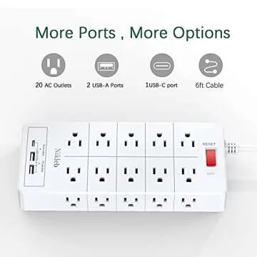 Power Strip Surge Protector 23 in 1, 6ft Extension Cord with 3 USB Ports Smart 3.1A, Multiple Outlet Adapter 20 Outlets, Outlet Extender Cord Organizer for Office, College, Apartment, Gaming Stuff