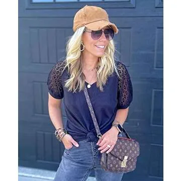 MIHOLL Lace Tops for Women V Neck Short Sleeve Shirts Loose Casual Blouse Tunic Tops T-Shirt