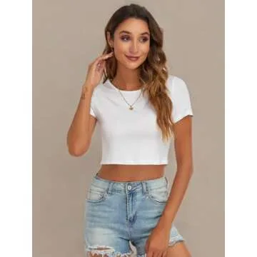 Summer White Crop Tops for Women Short Sleeve Cropped Top Crew Neck Casual Clothing (White Medium)
