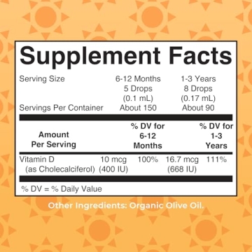 USDA Organic Vitamin D3 Drops for Infants & Toddlers - Sugar Free