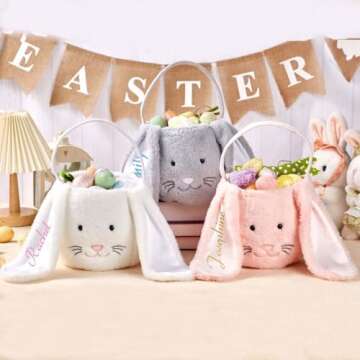 Personalized Easter Baskets, Custom Name Easter Bunny Buckets Plush Easter Bunny Ear Basket for Boys...