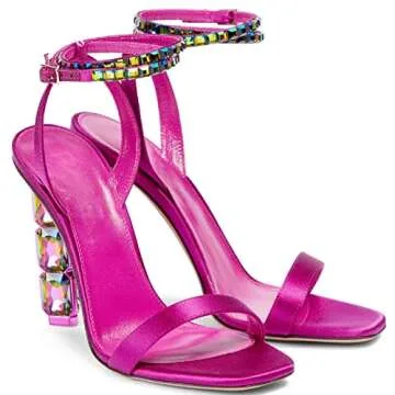 LauraVicci Women Heeled Sandals Ankle Straps Rhinestone Crystal Chunky Block Open Toe Slip on Wedding Slip on Wedding Party Evening Dress Shoes Rose Red Size 7.5