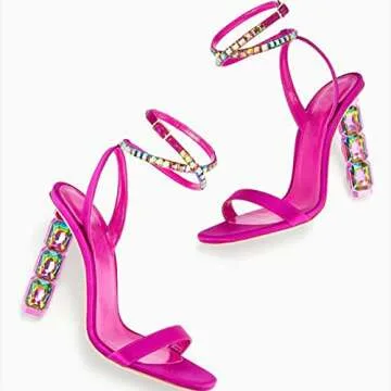 LauraVicci Women Heeled Sandals Ankle Straps Rhinestone Crystal Chunky Block Open Toe Slip on Wedding Slip on Wedding Party Evening Dress Shoes Rose Red Size 7.5