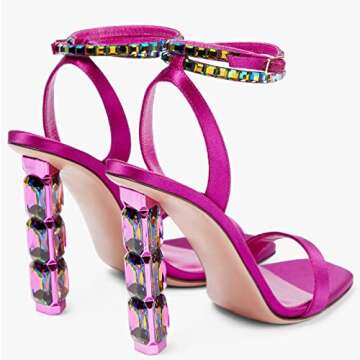 LauraVicci Women Heeled Sandals Ankle Straps Rhinestone Crystal Chunky Block Open Toe Slip on Wedding Slip on Wedding Party Evening Dress Shoes Rose Red Size 7.5