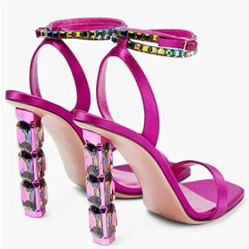 LauraVicci Women Heeled Sandals Ankle Straps Rhinestone Crystal Chunky Block Open Toe Slip on Wedding Slip on Wedding Party Evening Dress Shoes Rose Red Size 7.5