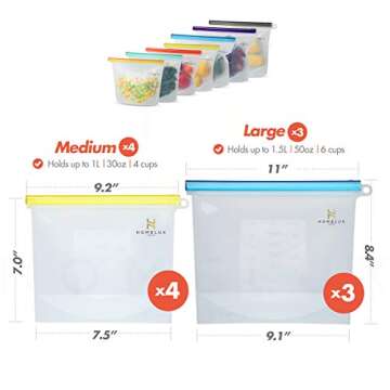 HOMELUX THEORY Reusable Freezer Bags, 7Pcs Large & Medium Reusable Ziploc Bags Silicone Airtight & Leakproof, Reusable Silicone Food Storage Bags, Silicone Snack Bags For Travel & Camping (3L, 4M)