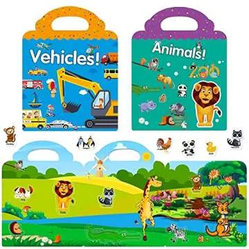 Reusable Quiet Sticker Books for Kids & Toddlers, 4 Sets Travel Stickers Story Busy Books for Toddler 2-4 Years Birthday Gifts - Vehicle, Space, Dinosaur & Animals